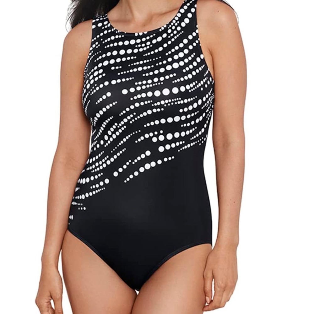 ShapeSolver Sport Penbrooke Black White Dot High Neck Tummy Control Swimsuit 12 - Picture 9 of 12